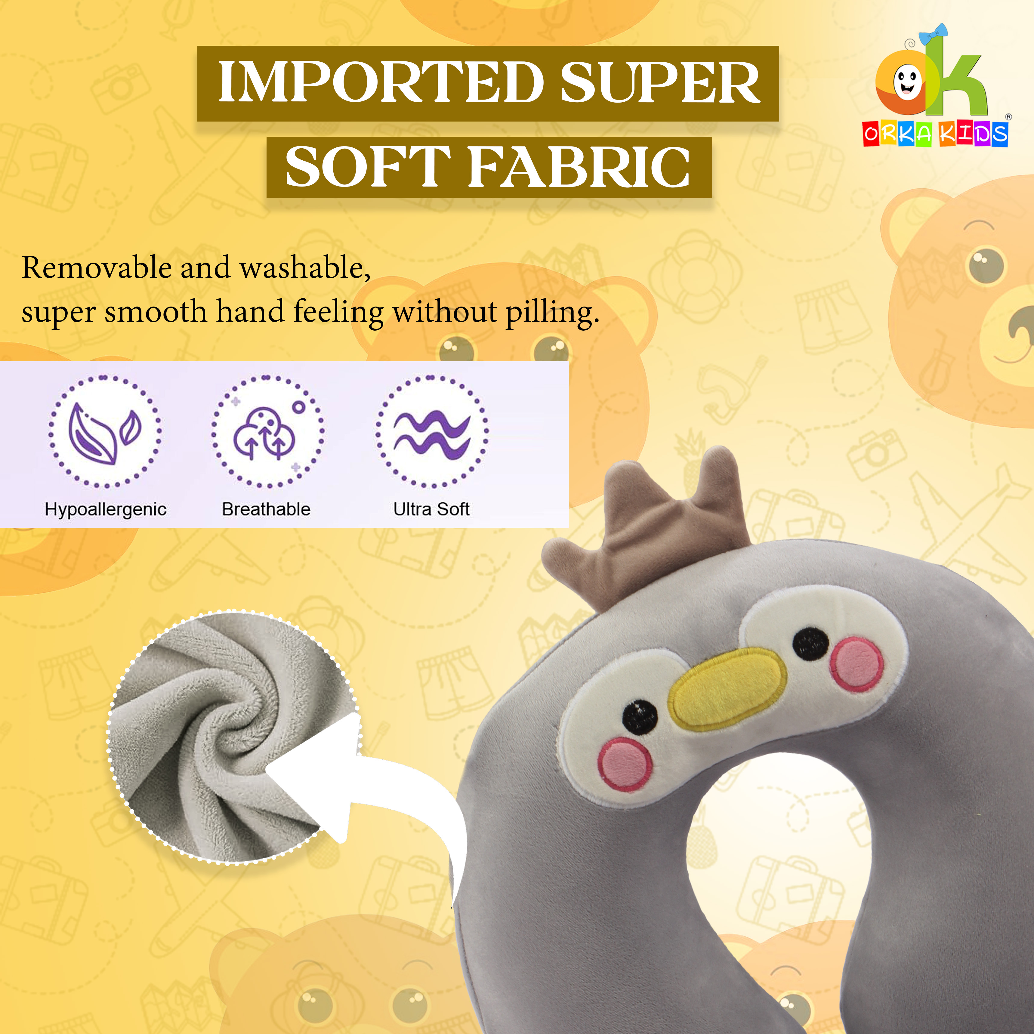 Orka Kids Embroidery Memory Foam U Neck - Grey view 3
